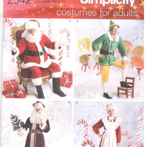 May include: Simplicity 2542 costume pattern for adults. The pattern features four costume designs: Santa Claus, an elf, a Santa-like figure, and a Mrs. Claus-style outfit. The pattern includes sizes BB and L, XL.