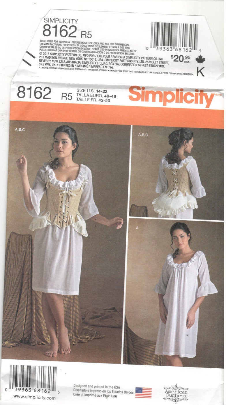 Simplicity 8162 Size 6-14 / 14, 16, 18, 20, 22 Women's pattern 18th century corset, shift, wide hip costume, American Duchess, undergarments image 4