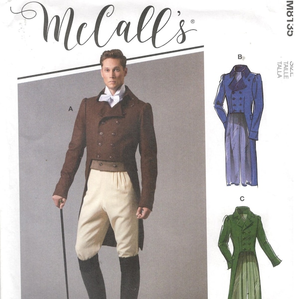 McCall's 8135 Size 38 - 44 or 46-52 Men's sewing pattern. Coat with short front and coat tails in back. Cosplay, dress up, double breasted