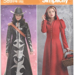 Simplicity 8974 6-14 / 14-22 women&#39;s floor length coat costume sewing pattern, With optional hood, long sleeve, Historical,  cosplay