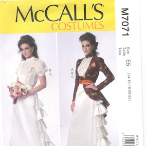 May include: A sewing pattern for a white dress with a lace trim and a brown jacket with a floral print. The pattern is for sizes 14-16-18-20-22 and is from McCall's Costumes. The pattern number is M7071/E5.