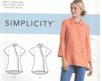 Simplicity 9106 Size 20w, 22w, 24w, 26W, 28W Plus size pattern: short or long sleeve blouse / tunic, mandarin or regular collar, buttons