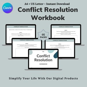 May include: A digital workbook titled "The Conflict Resolution Workbook" with five pages. The workbook is designed to help people resolve conflicts effectively. The cover of the workbook features a blue and teal design with the title in white text.