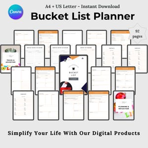 Puede incluir: Un planificador digital con una portada negra y naranja con un tema de lista de deseos. El planificador incluye 92 páginas y está disponible en tamaños A4 y US Letter. El texto "The Complete Bucket List Planner" está en la portada.