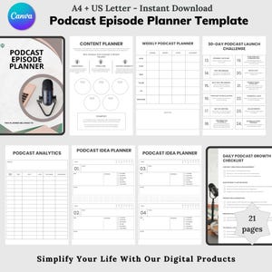 May include: A black and white printable planner template for podcasters. The planner includes sections for content planning, weekly podcast planning, podcast idea planning, podcast analytics, and a 30-day podcast launch challenge checklist. The planner also includes a daily podcast growth checklist. The planner has 21 pages.