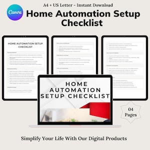 May include: A digital checklist for setting up a home automation system. The checklist is divided into four pages, with topics such as planning and research, selecting smart devices, installation and setup, and automation and scheduling. The checklist is displayed on a laptop screen with a red and white background.