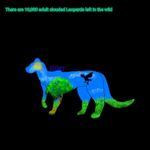 May include: A blue clouded leopard silhouette with a green tree, blue sky, and a flying bird inside. The text "There are 10,000 adult clouded leopards left in the wild" is at the top of the image.