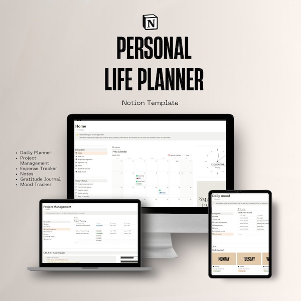 Plantilla de Notion Planificador Vida Personal, Gestión de Proyectos, Seguimiento Gastos, Notas, Diario de Gratitud, Personal Life Planner