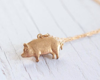 Gold Pig Necklace | Pig Gifts for Pig Lovers | Brass Pig Necklace | Farm Animal Necklace | Pig Charm Necklace