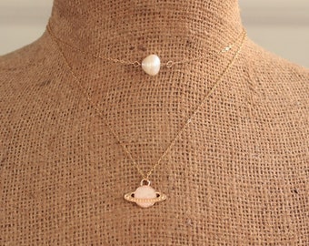 Saturn Pearl Necklace | Celestial Jewelry Set | Multilayer Pearl Necklace | Universe Necklace | Solar System Necklace