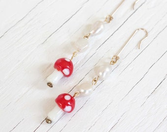 Mushroom Pearl Drop Earrings | Cottagecore Fashion | 90s Style | Indie Aesthetic | Fairy Grunge | Mario Mushroom Jewelry