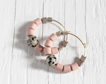Pink Clay and Dalmatian Hoop Earrings | Big Hoop Earrings | Date Night Earrings | Chevron Hoop Earrings | Party Hoop Earrings