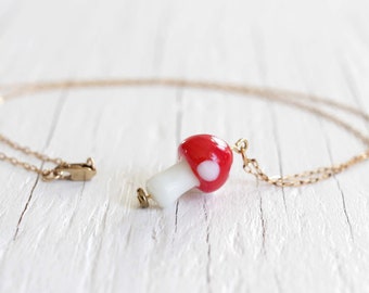 Agaric Mushroom Necklace | Trippy Red Glass Tiny Toadstool Jewelry | Cottagecore Aesthetic | Indie 90s Fashion | Fairycore for Women