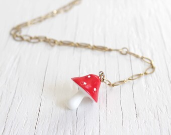 Red Mushroom Lariat Necklace | Chunky Y Gold | Fairy Grunge | Toadstool Necklace | 90s style | Indie Aesthetic | Y2K Jewelry