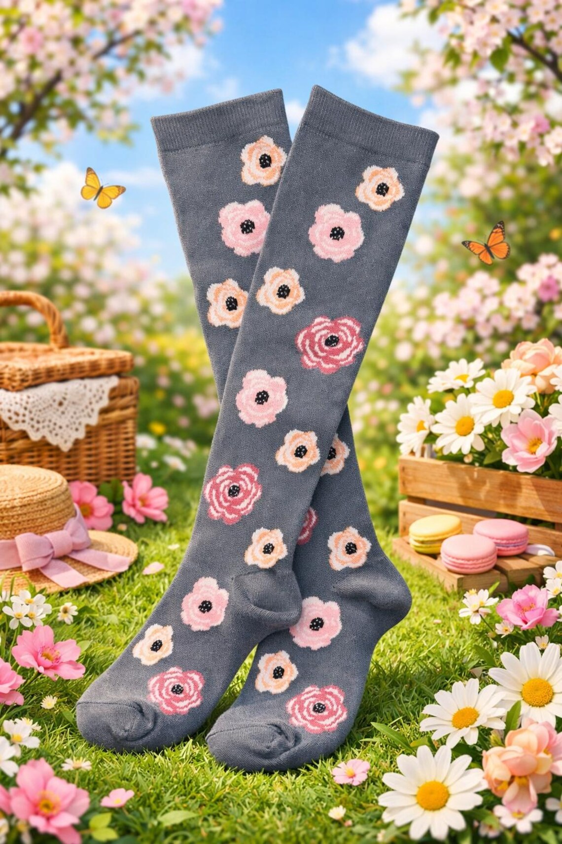 Personalized Light Compression Stockings Flowers on Gray 15-20 Mmhg ...