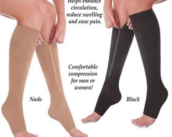 Compression Stockings with Zipper, Light Compression Socks, open toes, easy to apply on and take off, 15-20 mmHg, stockings for traveling