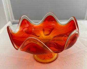 Vintage Orange Amberina Glass Bowl, Viking Glass Pedestal Bowl, Mid Century Compote Bowl, Holiday Decor, Halloween, Fruit, Candy, Potpourri