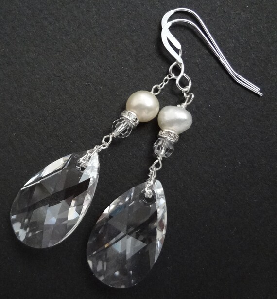 RELIC Bridal Swarovski Crystal and Pearl Long Drop Earrings. | Etsy