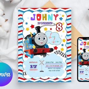 May include: A birthday invitation featuring a cartoon train, the text "JOHNY is turning 8", and event details. The design includes red, white, and blue stripes and star accents. A smartphone displays a matching invitation.
