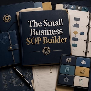 May include: A dark blue binder titled The Small Business SOP Builder with gold lettering and a gear icon. It is surrounded by matching office supplies including a smaller blue notebook, a black pen, a checklist, and a grid of six square icons.