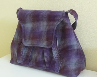 Purple, Maroon and Grey Ombre Plaid Wool Shoulder Bag Purse with pleated pocket