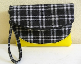 Plaid Foldover Clutch Wristlet Bag Black Grey Wool, Yellow Vinyl