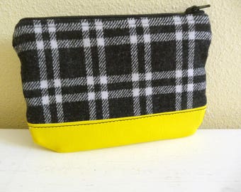 Small Zippered Pouch Black Plaid Wool Yellow Vinyl
