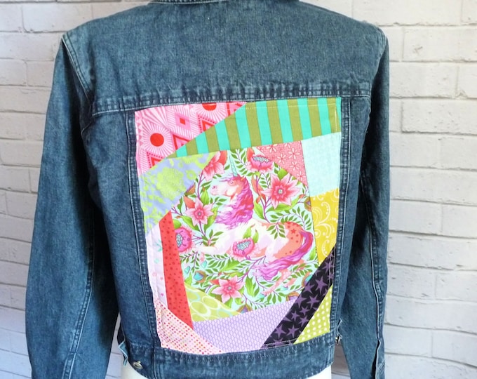 Featured listing image: Patchwork Denim Jacket, Bright Unicorn Quilt Fabrics, Womens Size M