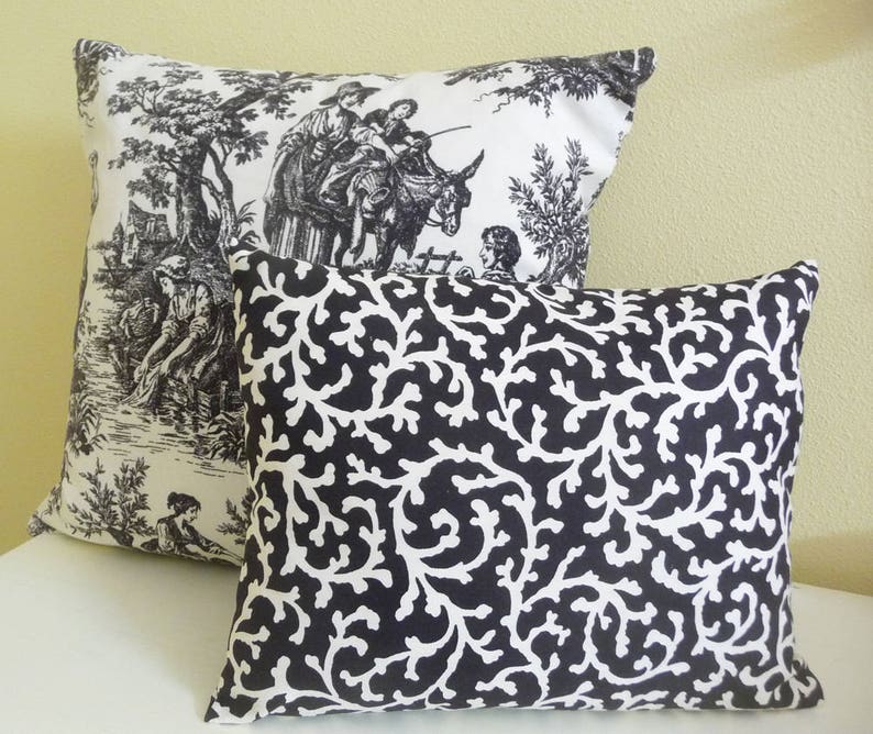 Classic Toile Pillow Cover, Cushion Cover 16 inch square, black and cream, single cover image 4