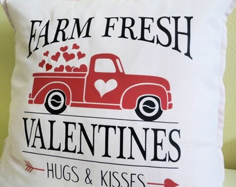 Farm Truck Valentine's Day Pillow Cover, Pink Pillow cover with red truck of hugs and kisses