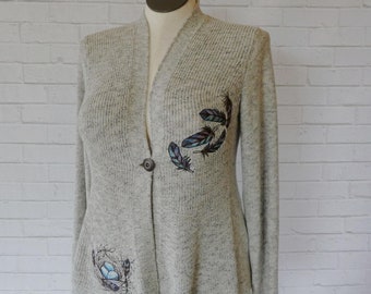 Upcycled Cardigan Sweater, Feathers and Nest, Size L