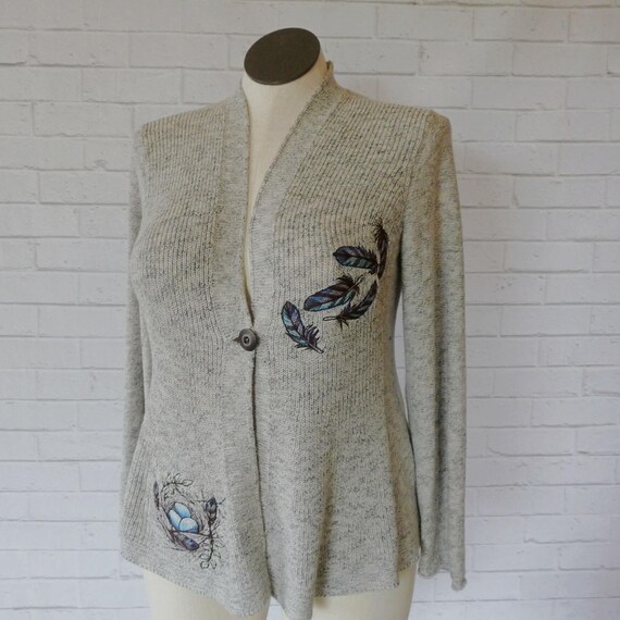 Upcycled Cardigan Sweater, Feathers and Nest, Size L