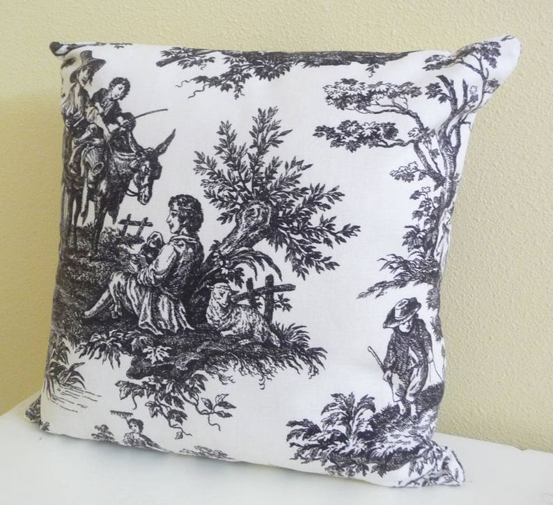Classic Toile Pillow Cover, Cushion Cover 16 inch square, black and cream, single cover image 1