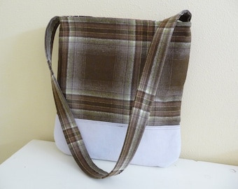 Brown Plaid Wool and Grey Suede Leather Shoulder Bag