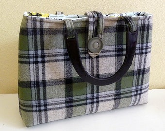 Olive Green Plaid Wool Handbag with vintage button closure