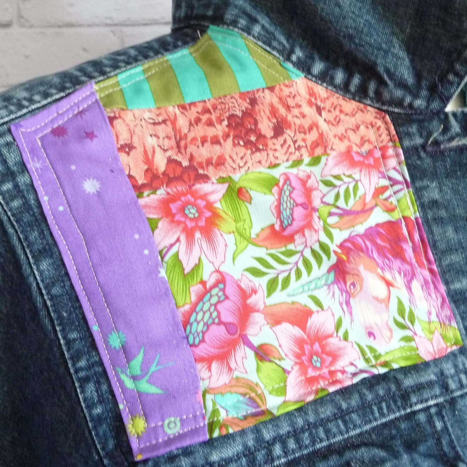 Patchwork Denim Jacket Bright Unicorn Quilt Fabrics Womens | Etsy