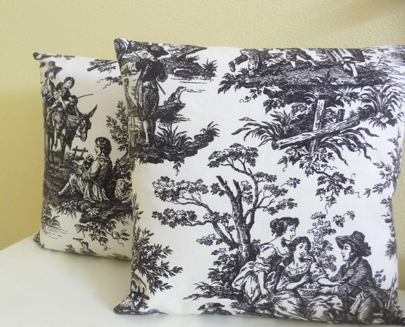 Classic Toile Pillow Cover, Cushion Cover 16 inch square, black and cream, single cover image 2