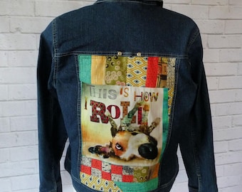 Colorful Patchwork Denim Jacket size Small, dog themed