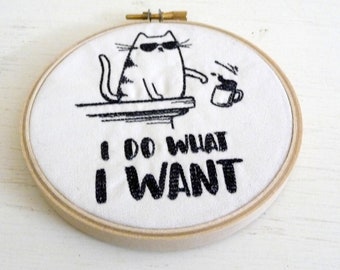 Sassy Cat Embroidered Hoop Wall Hanging