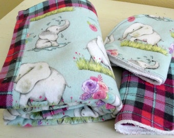 Adorable Elephant Flannel Blanket with Matching Burp Cloths - Perfect for Baby Showers