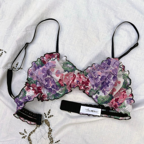 Oleander Bralette in Upcycled Vintage Hydrangea Print | sustainable lingerie, vintage fabric, bra, ethical lingerie, custom sized, eco