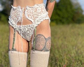 Anaphora Garter Belt in Upcycled Vintage Crochet Lace | sustainable lingerie, white lace, ethical lingerie, lace up, repurposed, suspender