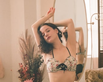 Cardamine Bralette in Upcycled Vintage Wild Rose Fabric | valentines day lingerie, sustainable lingerie, custom sized, lace up, ethical