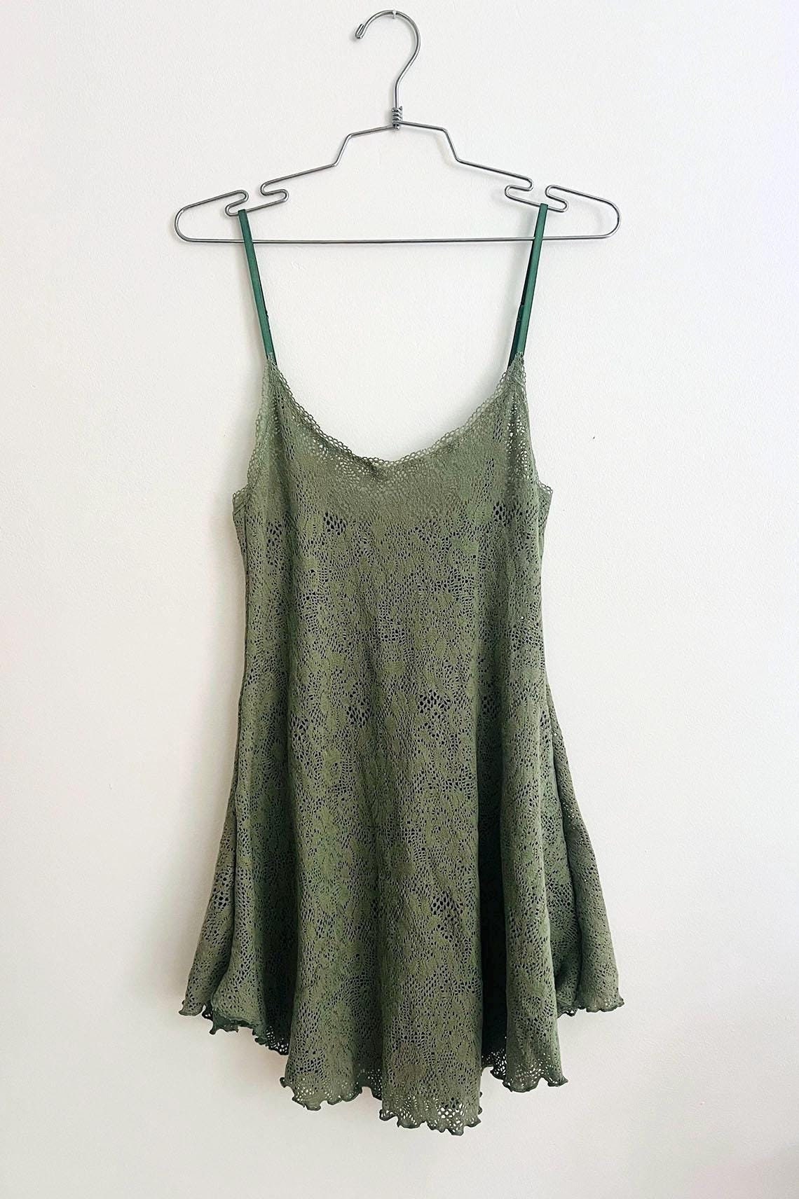 Moonshadow Slip Dress in Stretch Sage Cotton Crochet Knit S