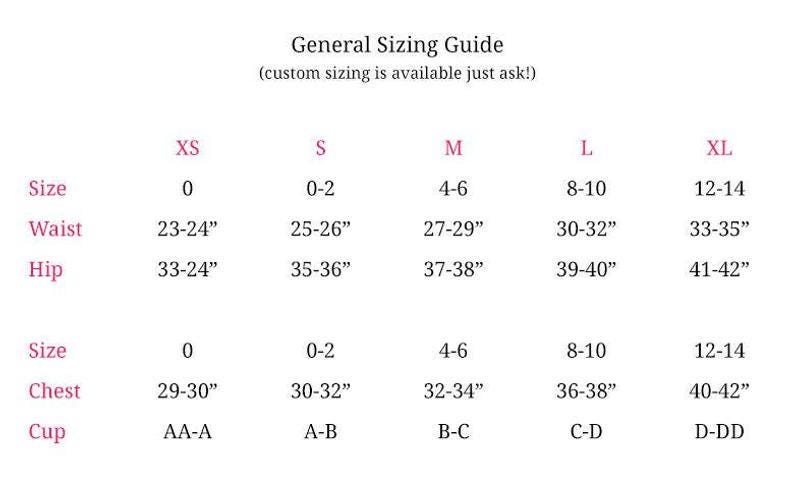 May include: A general sizing guide for clothing with measurements in inches for waist, hip, chest, and cup sizes. The sizes are listed as XS, S, M, L, and XL. The guide includes numerical sizes, such as 0, 0-2, 4-6, 8-10, and 12-14.