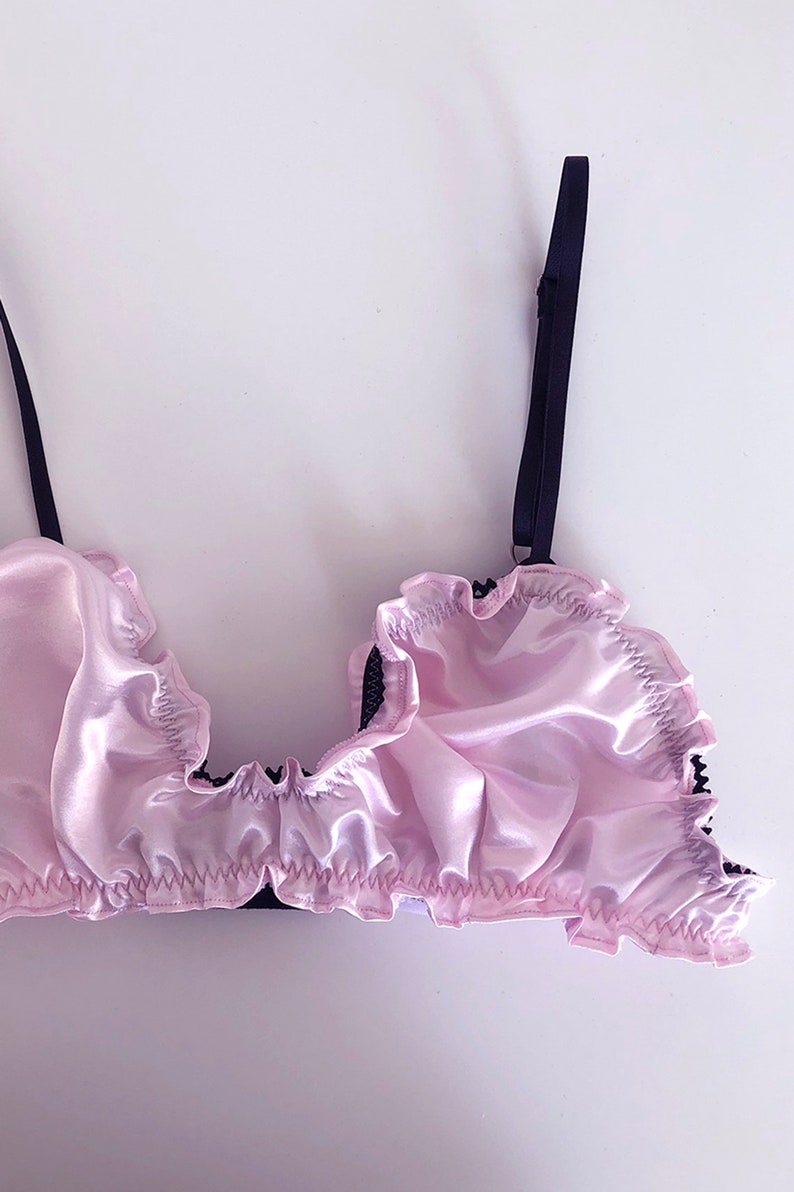 Florid Satin Bralette in Vintage Pink Satin valentines day, sustainable lingerie, ruffle bralette, handmade in the USA, custom sized image 4