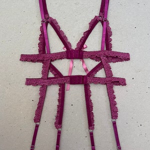 Adorella Body Cage in Ruby Vintage Crochet Lace hand dyed, organic dye, sustainable lingerie, harness, suspender, strappy lingerie, eco image 6