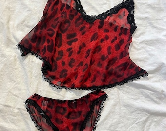 Harmonia Camisole and French Cut Panty Sleep Set | sustainable lingerie, vintage fabric, upcycled, sheer, leopard print, red lingerie