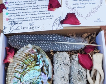 5 Pack Smudge Kit In Gift Box Package 4'' White Sage Abalone Shell Feather Wooden Stand Smudge Guide