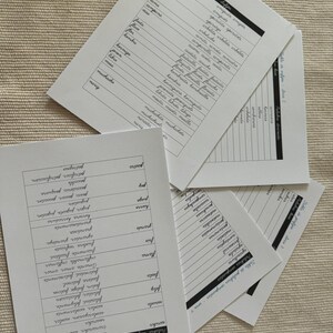 May include: Several white sheets of paper with handwritten lists of words and phrases, likely for educational purposes, are arranged on a textured, beige surface. The text is in black ink, and the sheets have a simple, organized layout.